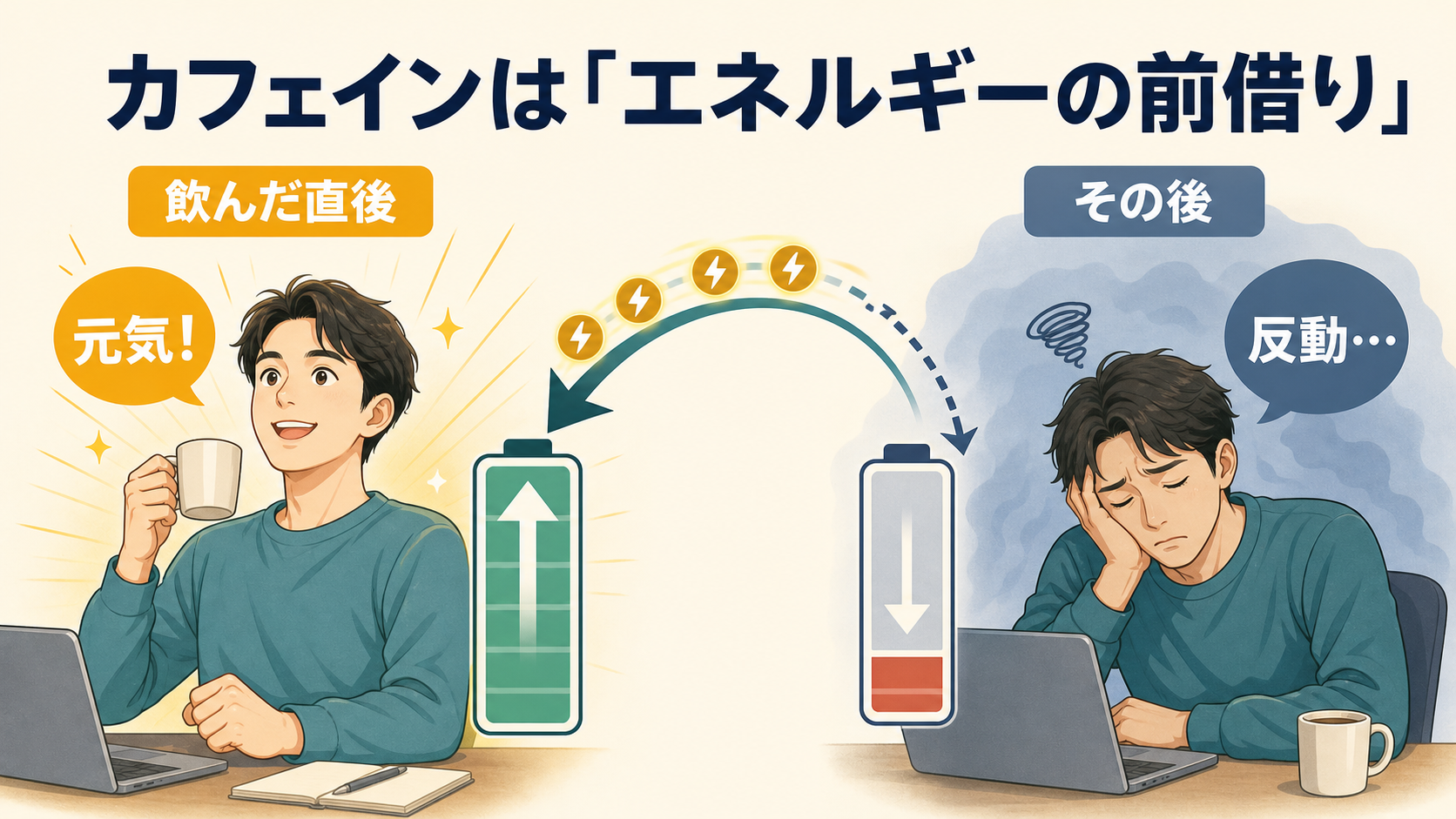 深夜の寝室。ベッドで眠れずに横たわる人の後ろ姿と、枕元のナイトテーブルに置かれた無地の飲料缶とマグカップ。窓の外の空はまだ暗い